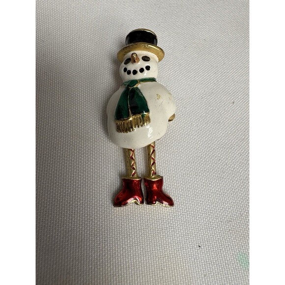 Vintage Gold Tone Snowman Brooch Pin Swinging Legs Christmas Holidays Frosty - Picture 2 of 8